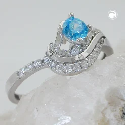 Eleganter Ring Damenring mit Zirkonia aqua und weiß 925 Silber