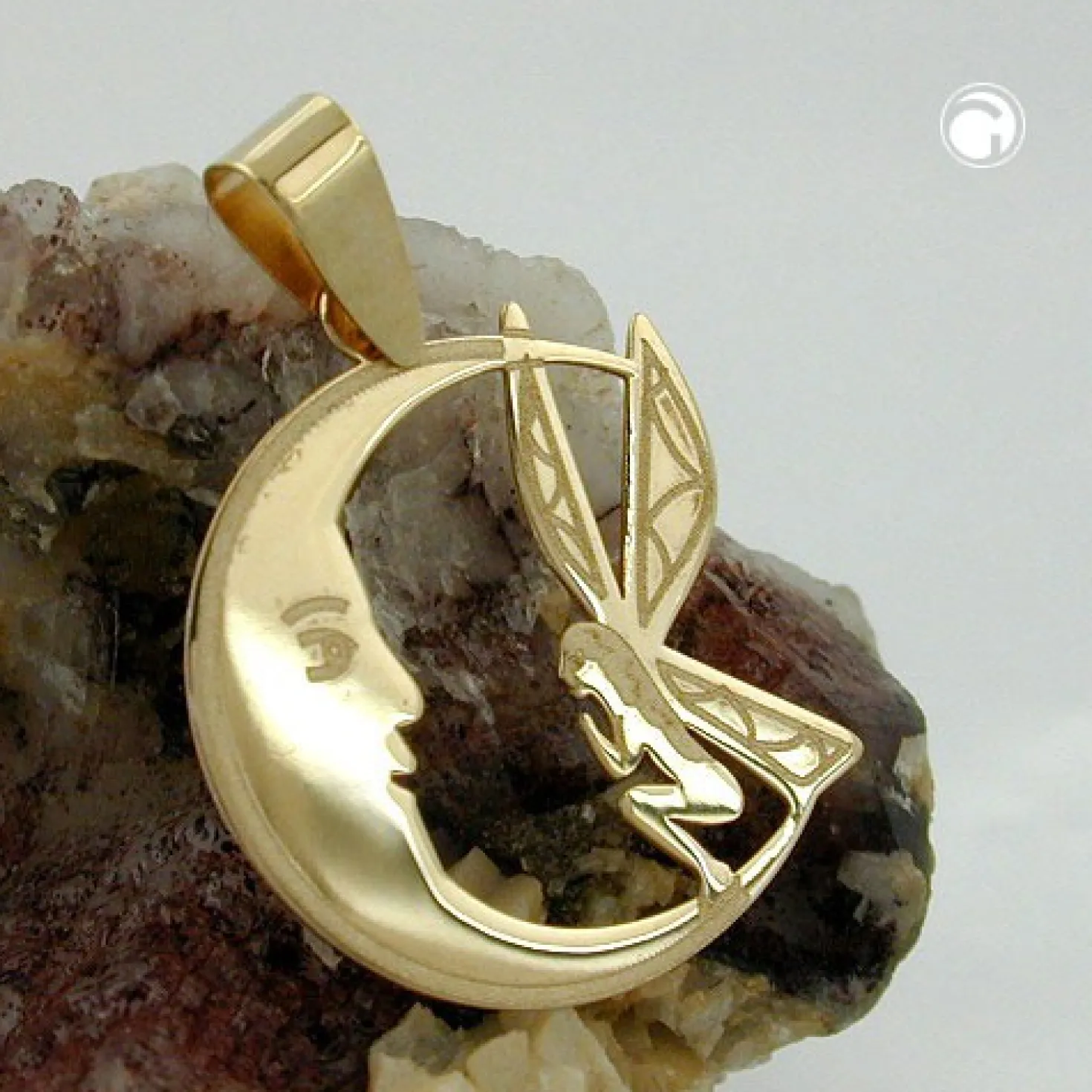 Elfe mit Mond - Anhänger 17x15mm Goldanhänger Mondsichel 375 Gelbgold Damen