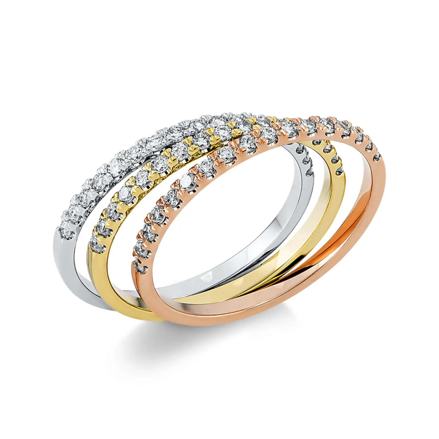 Halb-Memoire Ring 3 Halb-Memoire Ringe 750 Gold gelb/weiß/rot 51 Brillanten 0,5ct TW-SI