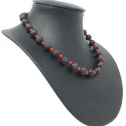 Halskette aus Lava & Koralle schwarz-rot 925 Silber 51cm Collier Halsschmuck