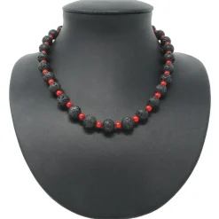 Halskette aus Lava & Koralle schwarz-rot 925 Silber 51cm Collier Halsschmuck