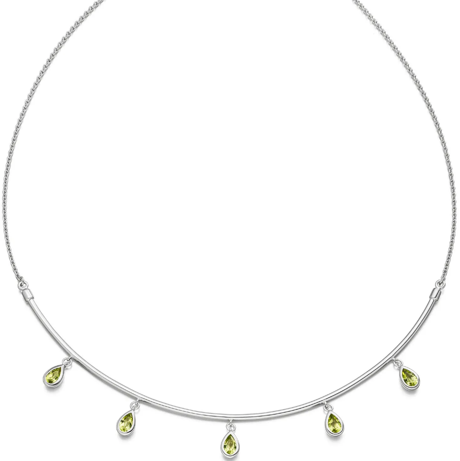 Halskette Collier aus 585 Gold Weißgold 5 Peridote grün Tropfen L: 44cm