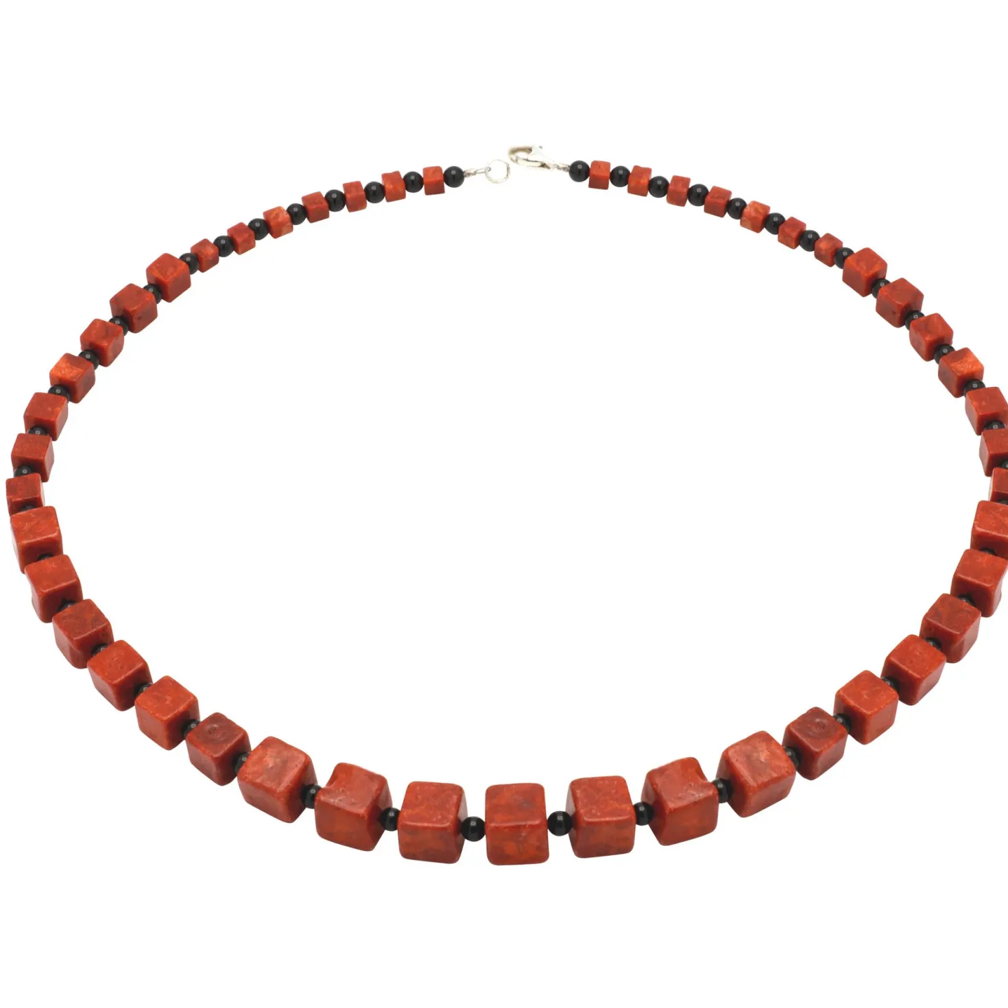 Halskette Collier im Verlauf aus Koralle Würfel Onyx 925 Silber rot-braun schwarz