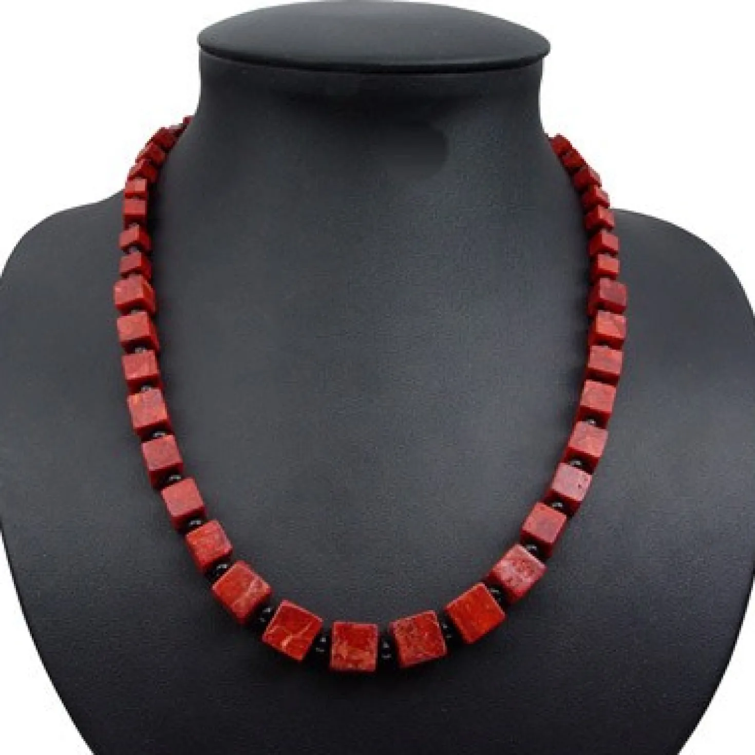 Halskette Collier im Verlauf aus Koralle Würfel Onyx 925 Silber rot-braun schwarz