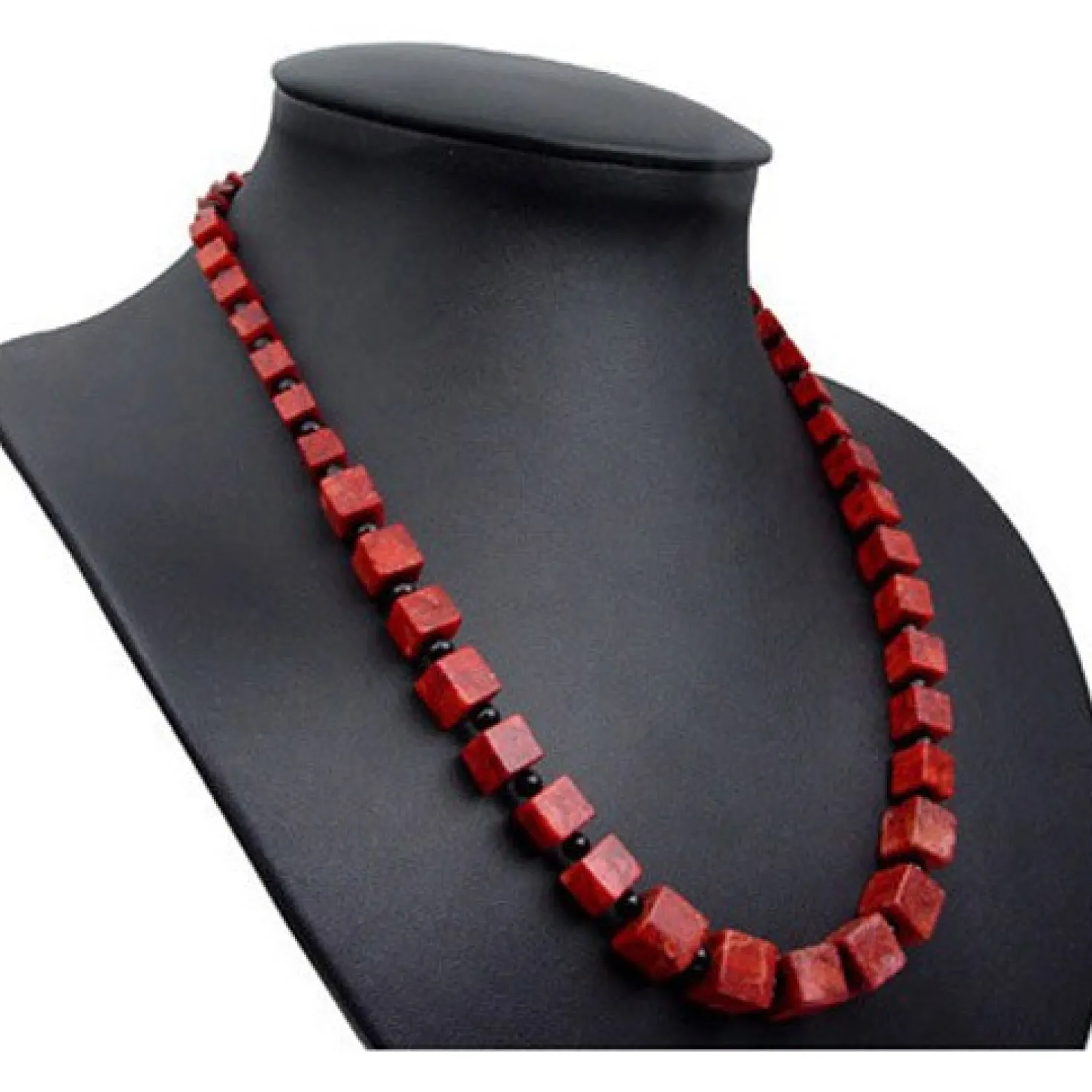 Halskette Collier im Verlauf aus Koralle Würfel Onyx 925 Silber rot-braun schwarz