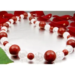 Halskette Collier Koralle Schaumkoralle & Bergkristall braun-rot-weiß 925 Silber