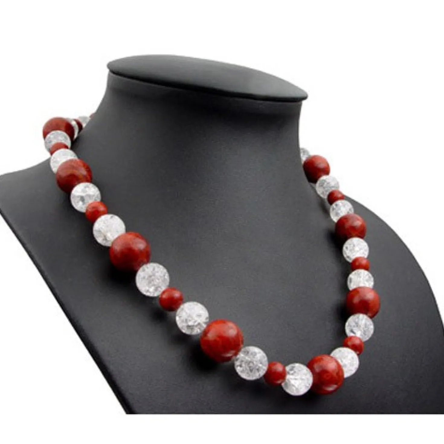 Halskette Collier Koralle Schaumkoralle & Bergkristall braun-rot-weiß 925 Silber