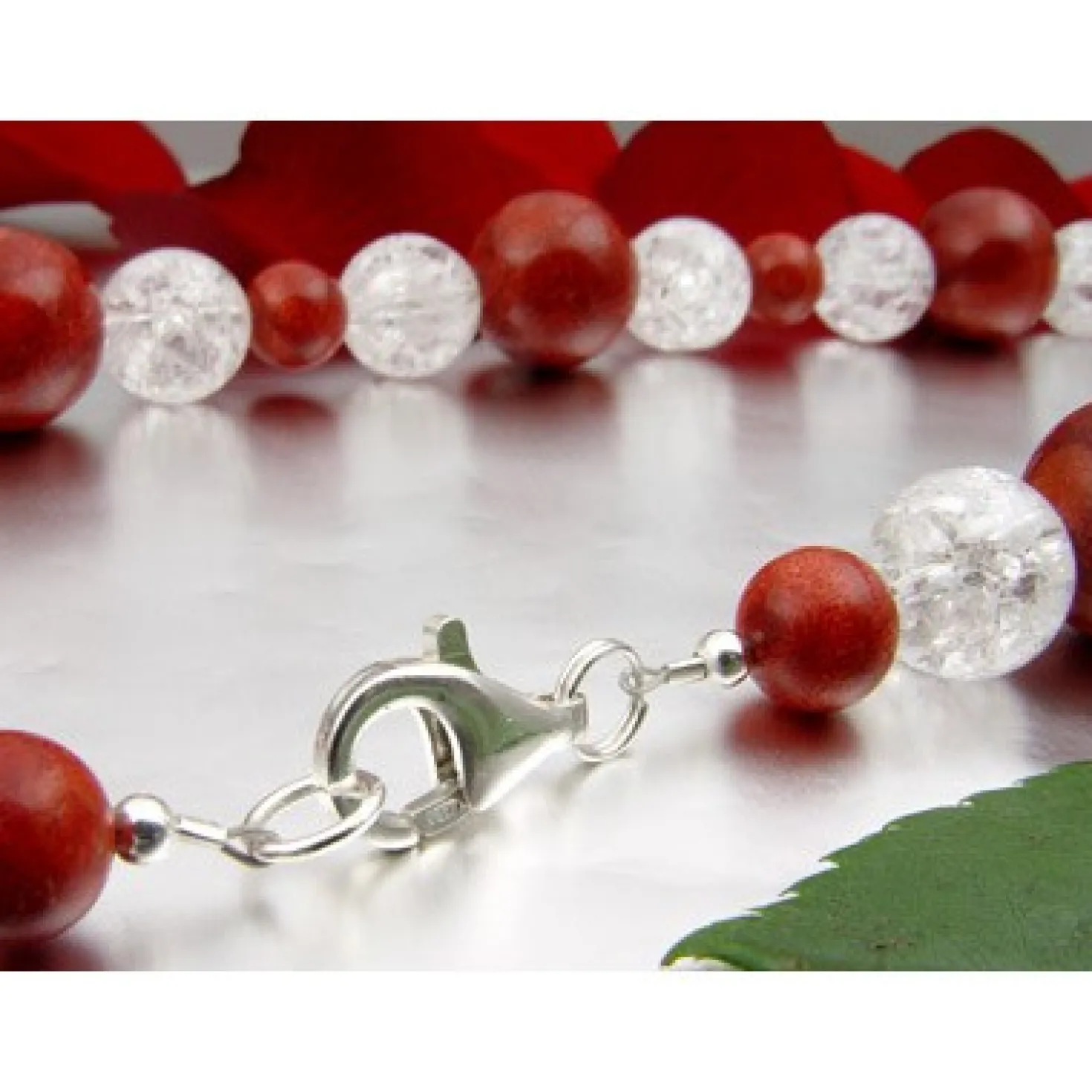 Halskette Collier Koralle Schaumkoralle & Bergkristall braun-rot-weiß 925 Silber