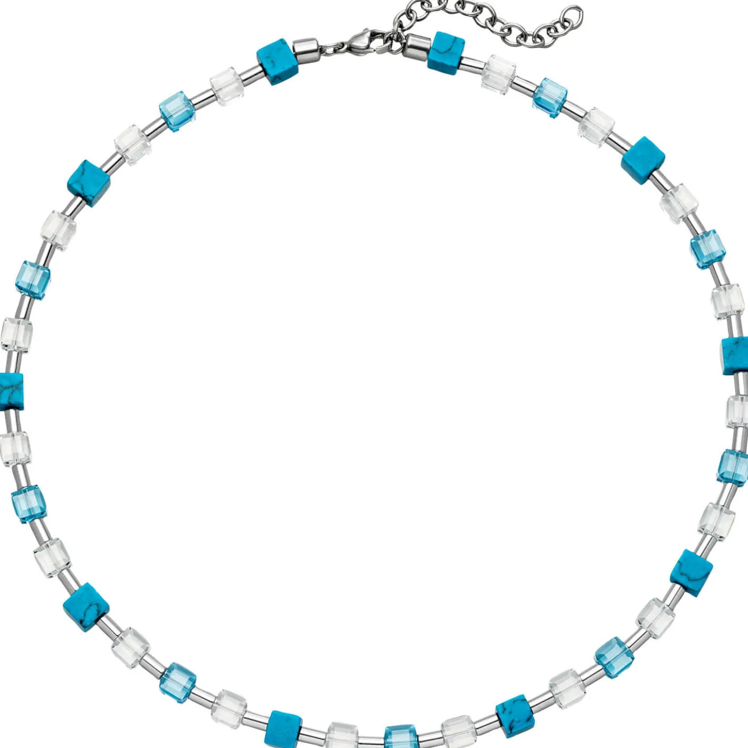 Halskette Collier Kristallsteine Türkis-Würfel & Zylinder aus Edelstahl 43-48cm
