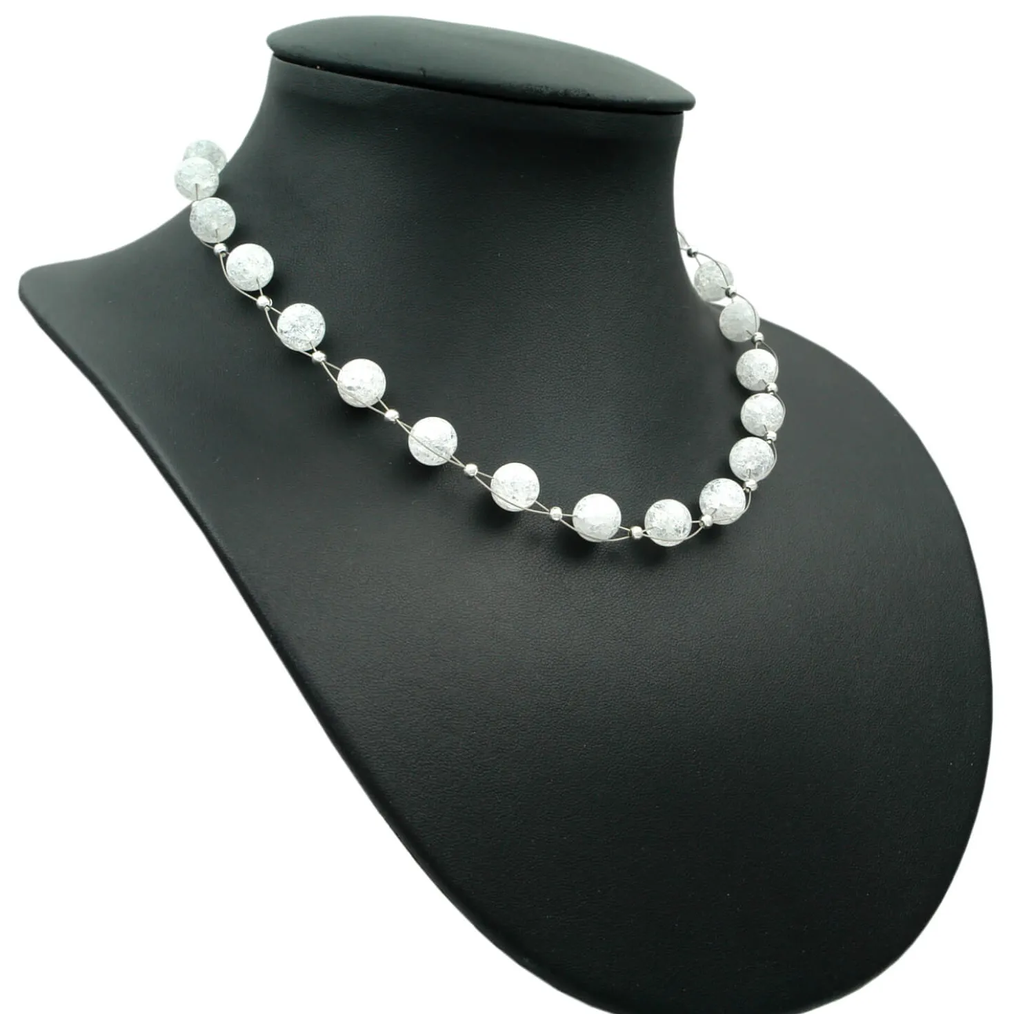 Halskette Collier Kugel-Kette aus Bergkristall mit Crack-Struktur weiß, 48cm