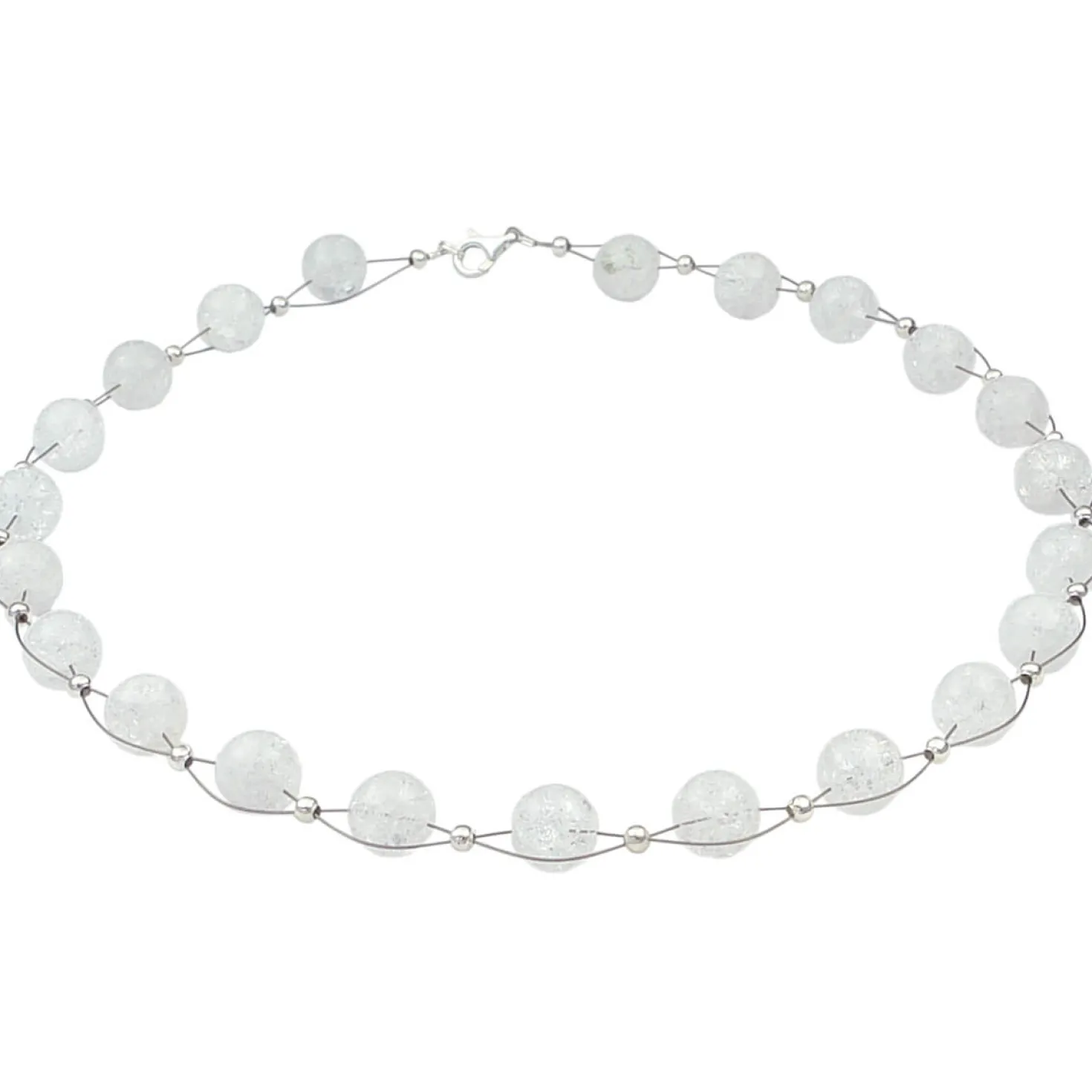 Halskette Collier Kugel-Kette aus Bergkristall mit Crack-Struktur weiß, 48cm