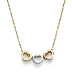 Halskette Collier mit 3 Herzen aus 585 Gold Gelbgold Rotgold Weißgold, 40-42cm