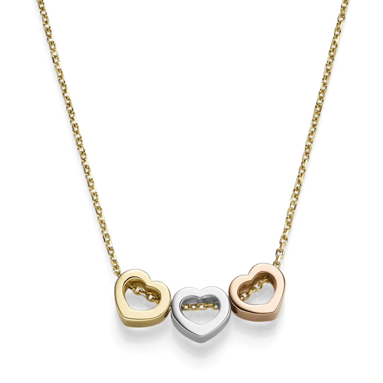 Halskette Collier mit 3 Herzen aus 585 Gold Gelbgold Rotgold Weißgold, 40-42cm