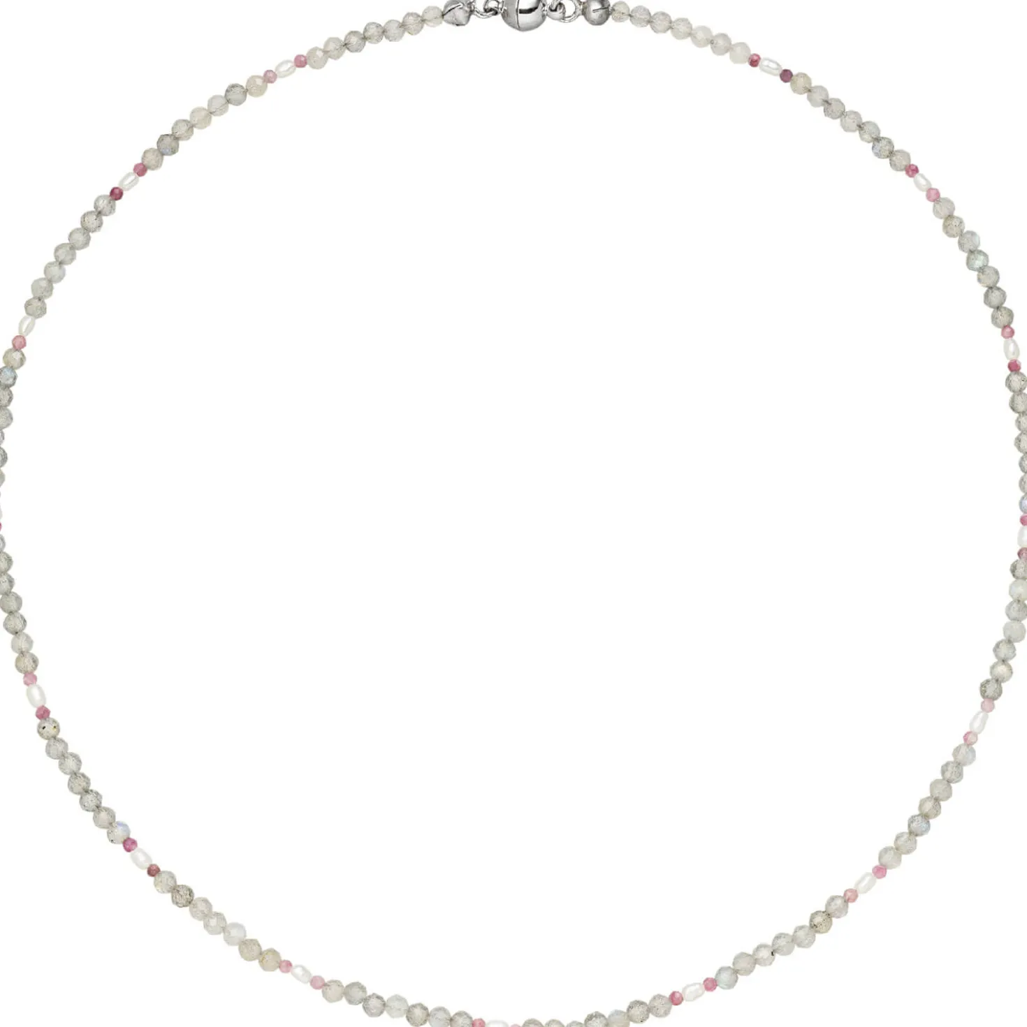 Halskette Kette aus Labradorit und Turmalin 43cm Edelsteinkette hallgrau-rosa