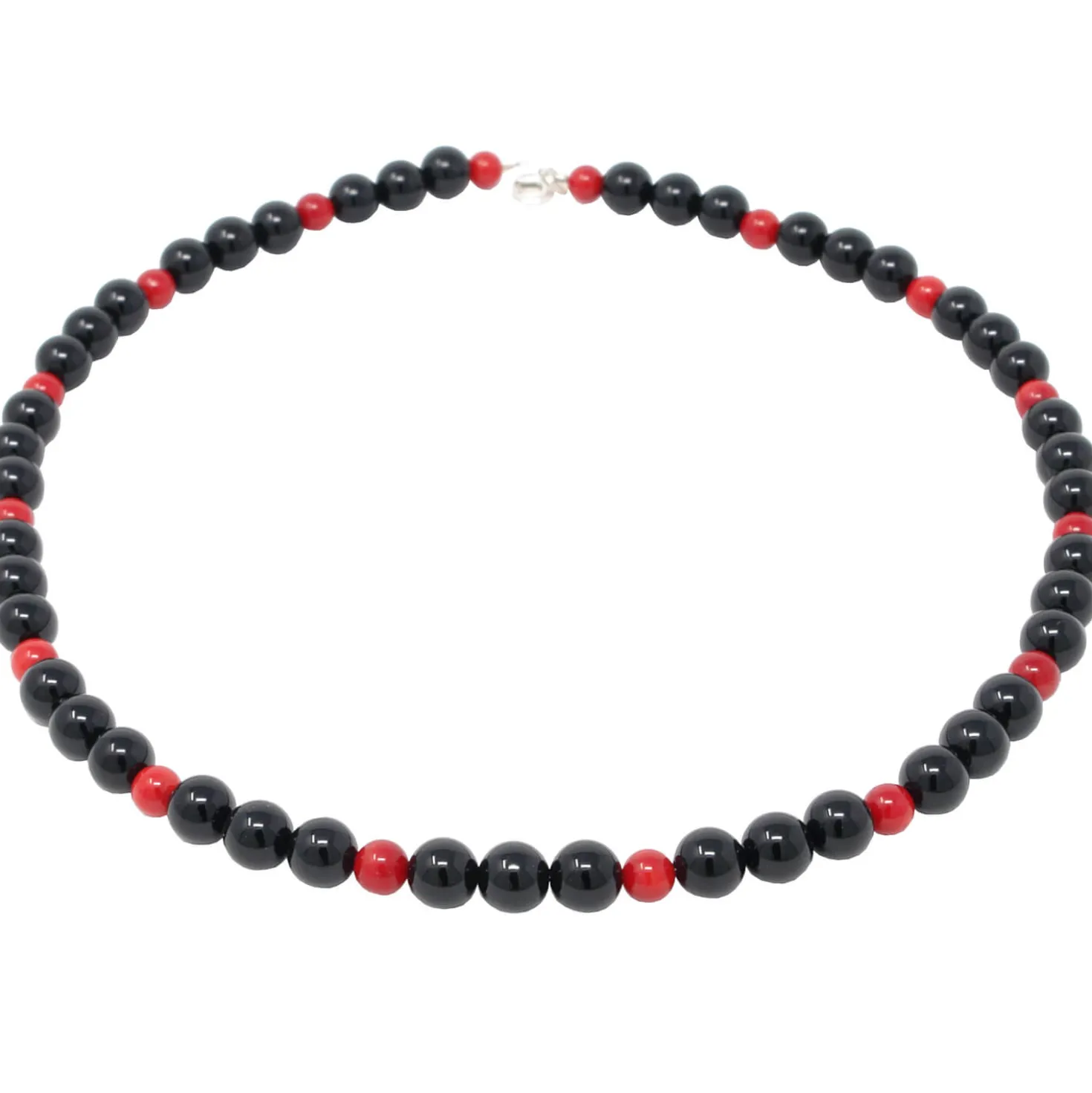 Halskette Kette aus Onyx & Koralle & 925 Silber, schwarz-rot