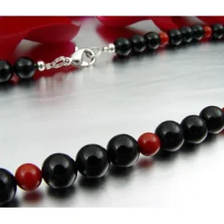 Halskette Kette aus Onyx & Koralle & 925 Silber, schwarz-rot