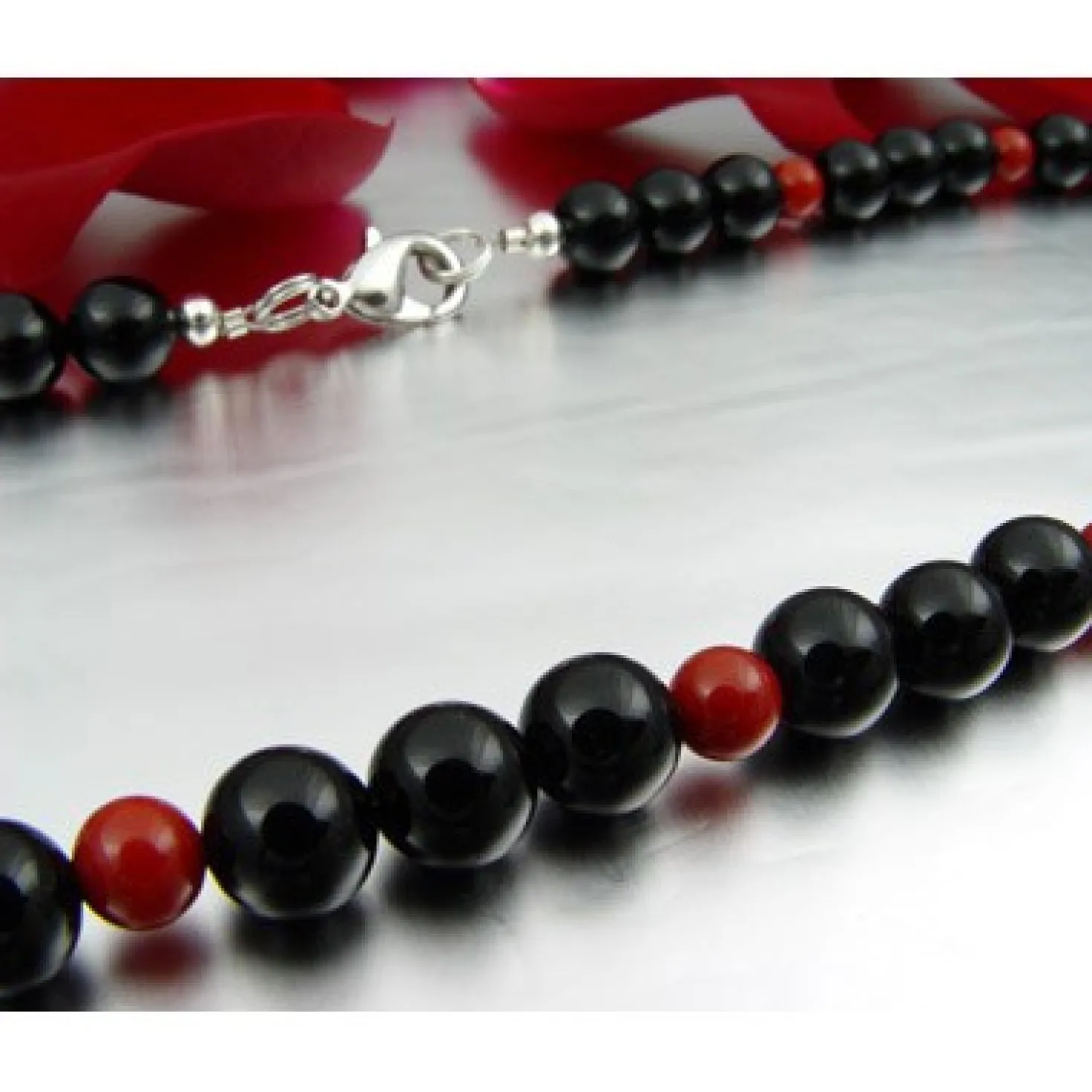 Halskette Kette aus Onyx & Koralle & 925 Silber, schwarz-rot