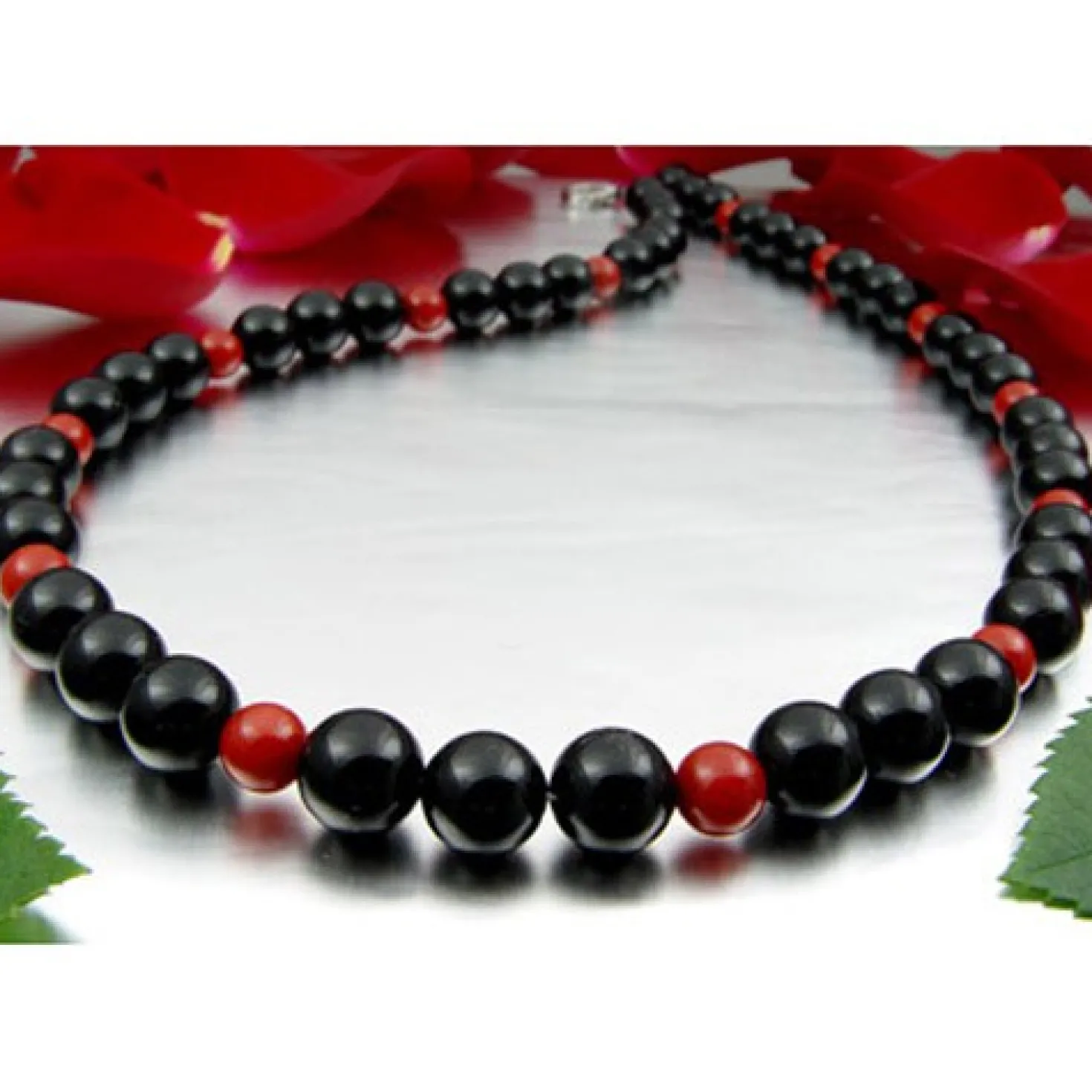 Halskette Kette aus Onyx & Koralle & 925 Silber, schwarz-rot