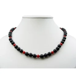 Halskette Kette aus Onyx & Koralle & 925 Silber, schwarz-rot