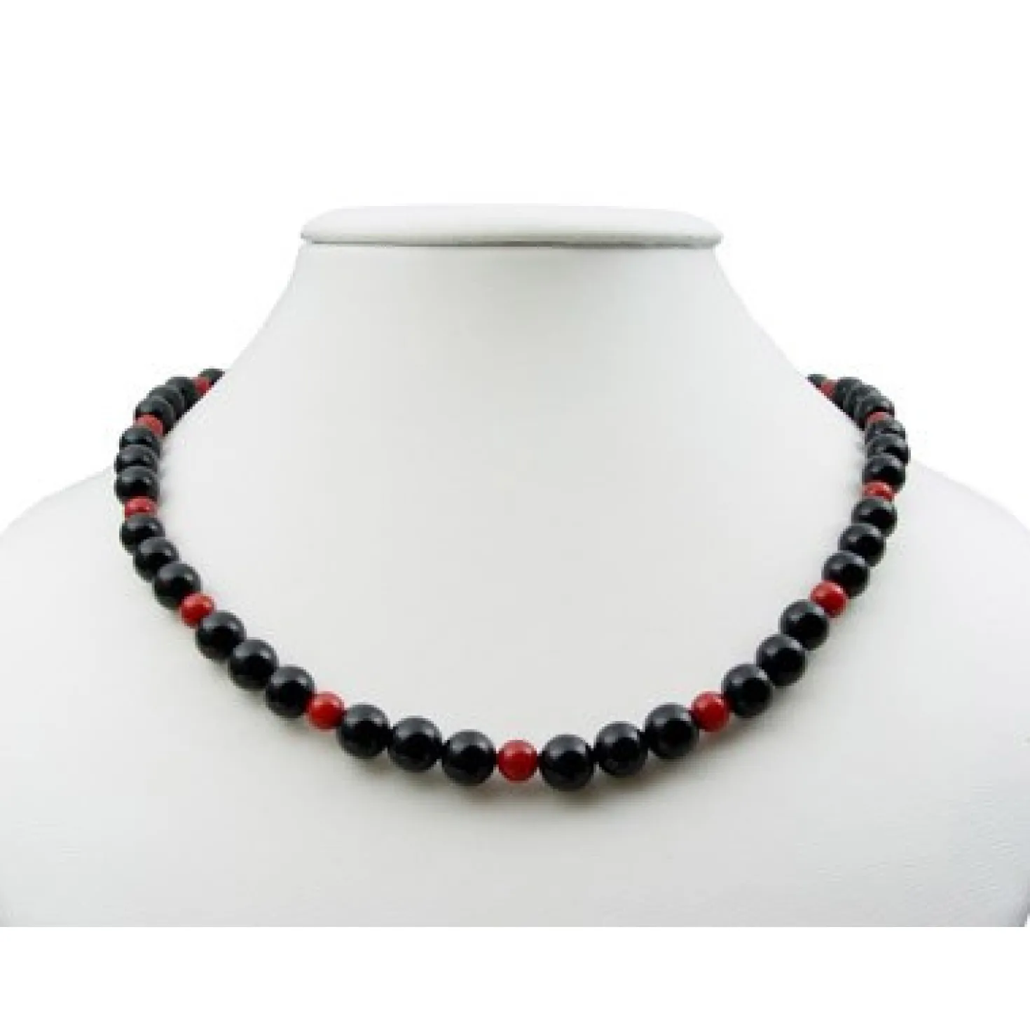 Halskette Kette aus Onyx & Koralle & 925 Silber, schwarz-rot