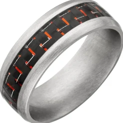 Herren Ring 8mm breit Edelstahl mattiert mit Carbon-Einlagen & roten Effekten