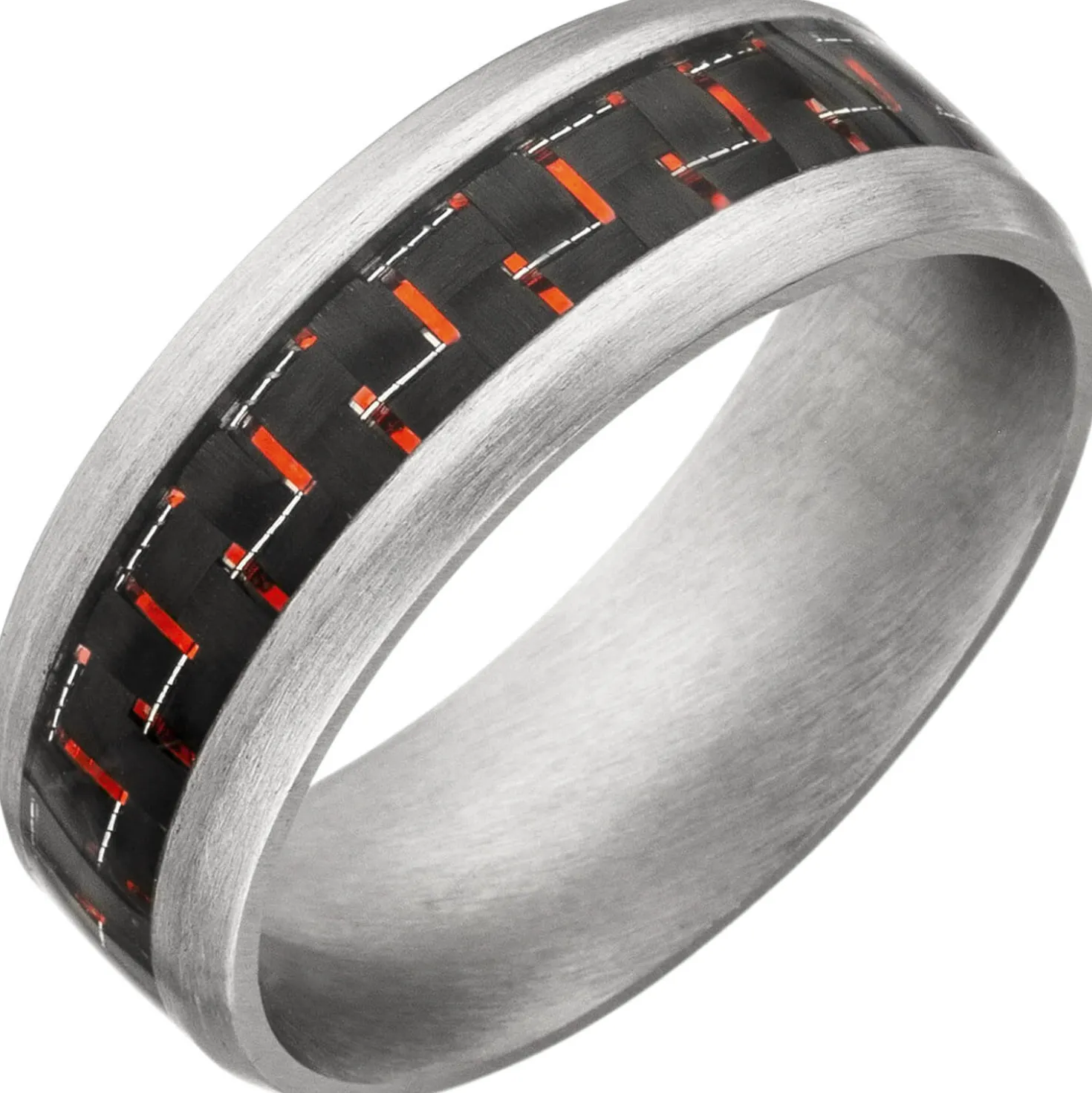 Herren Ring 8mm breit Edelstahl mattiert mit Carbon-Einlagen & roten Effekten