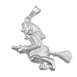 Hexe mit Besen - Anhänger 22x22mm aus echtem 925 Silber Silberanhänger für Damen
