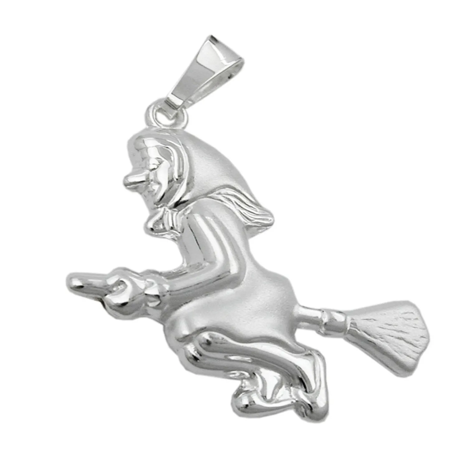 Hexe mit Besen - Anhänger 22x22mm aus echtem 925 Silber Silberanhänger für Damen