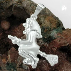 Hexe mit Besen - Anhänger 22x22mm aus echtem 925 Silber Silberanhänger für Damen