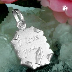 I Love You - Anhänger 22x15mm Brief mit Gravurplatte aus 925 Silber mattiert