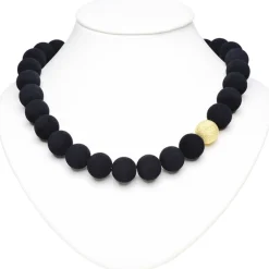 Kette aus italienischer Lava & 925 Silber vergoldet, asymmetrisch, Magnet