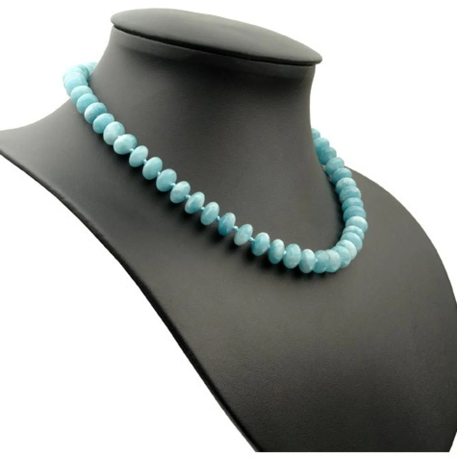 Kette Collier aus echtem Aquamarin, Linsen glatt, hellblau, 48cm
