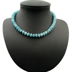 Kette Collier aus echtem Aquamarin, Linsen glatt, hellblau, 48cm