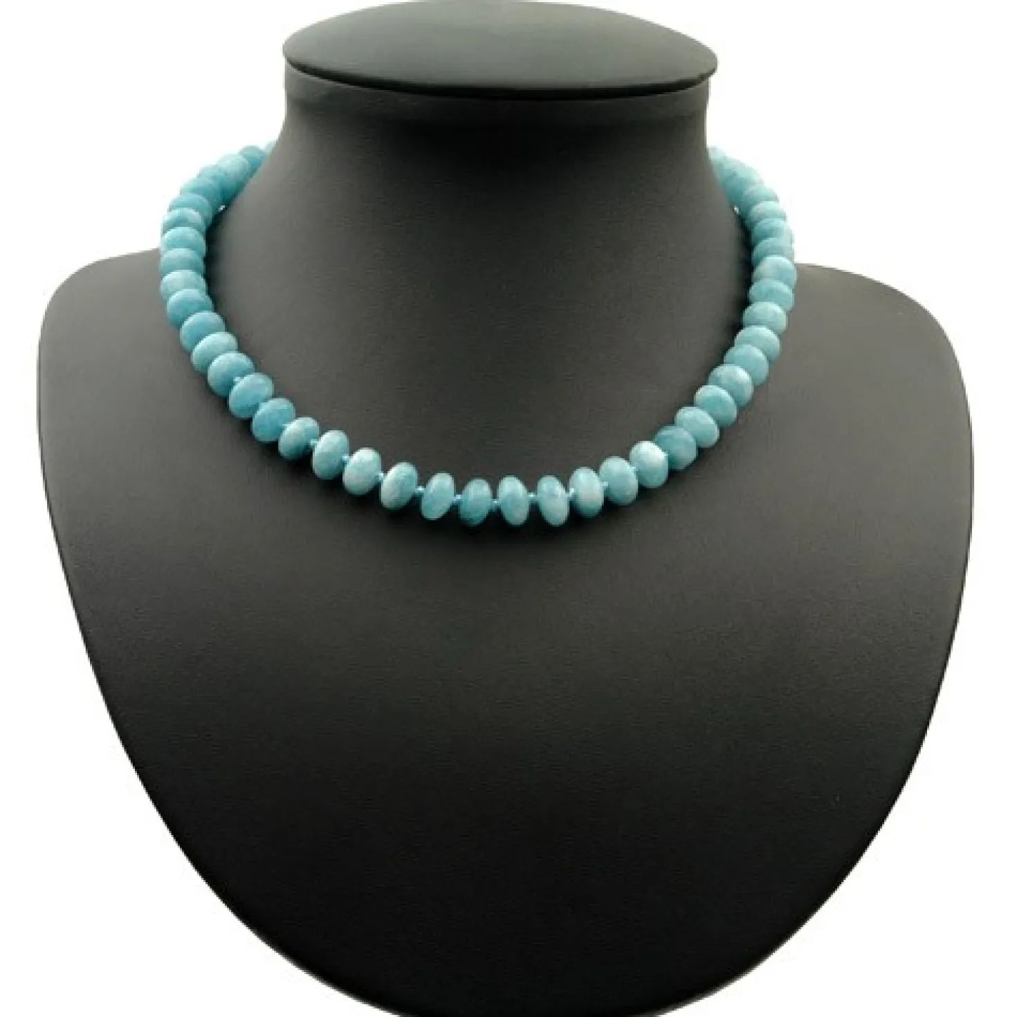 Kette Collier aus echtem Aquamarin, Linsen glatt, hellblau, 48cm