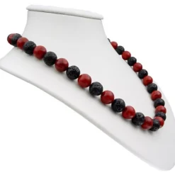Kette Collier aus Koralle & Lava & 925 Silber, schwarz braun-rot