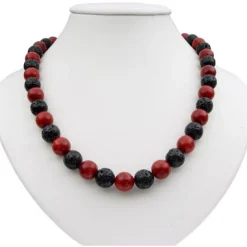 Kette Collier aus Koralle & Lava & 925 Silber, schwarz braun-rot