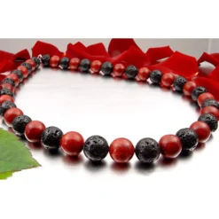 Kette Collier aus Koralle & Lava & 925 Silber, schwarz braun-rot