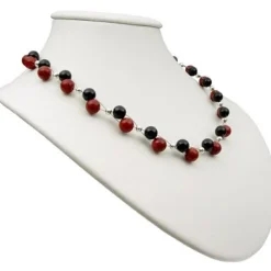 Kette Collier aus Koralle & Onyx, rot-braun schwarz, Halskette, Damen