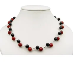 Kette Collier aus Koralle & Onyx, rot-braun schwarz, Halskette, Damen