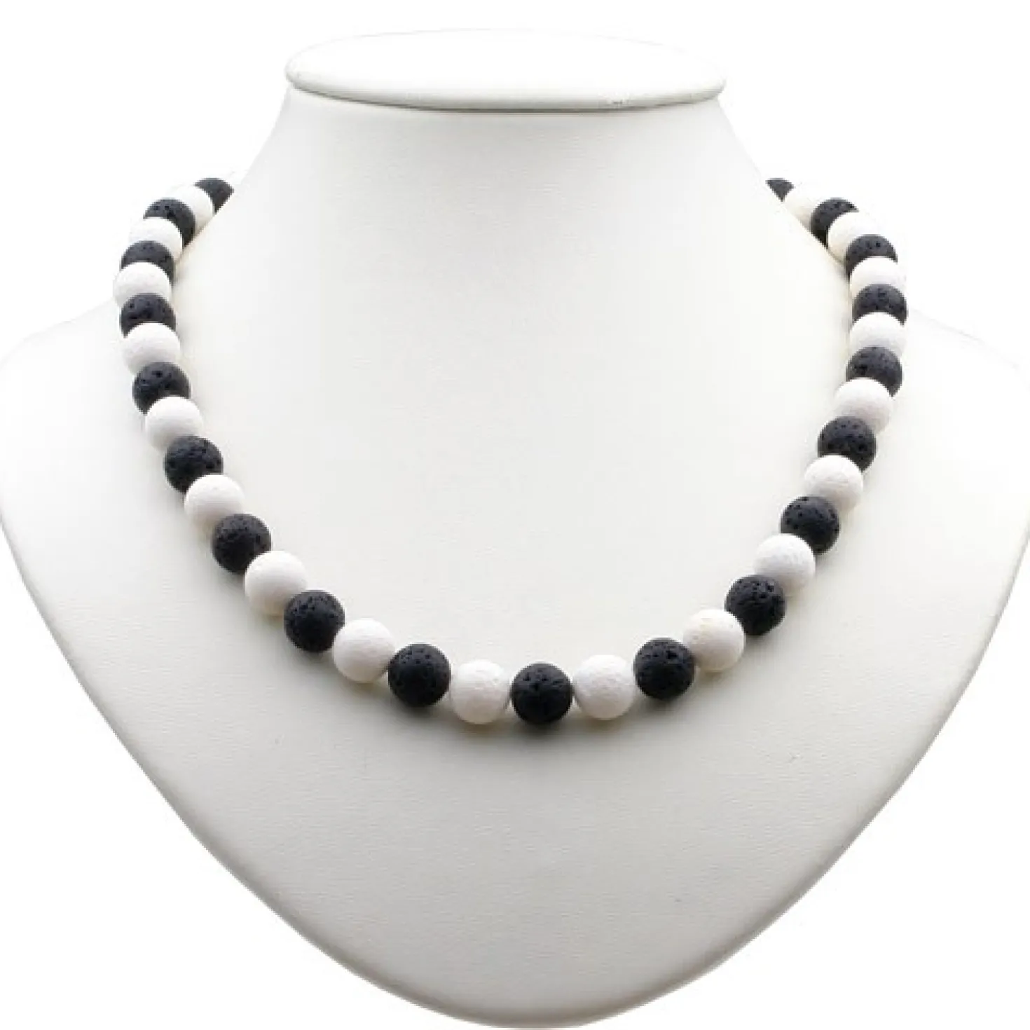 Kette Collier aus Lava & Koralle schwarz weiß, Halskette Damen