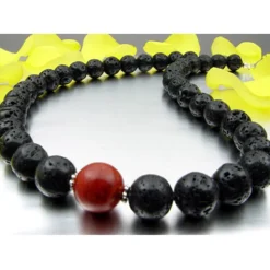 Kette Collier aus Lava & Schaumkoralle, schwarz-rot, 925 Silber