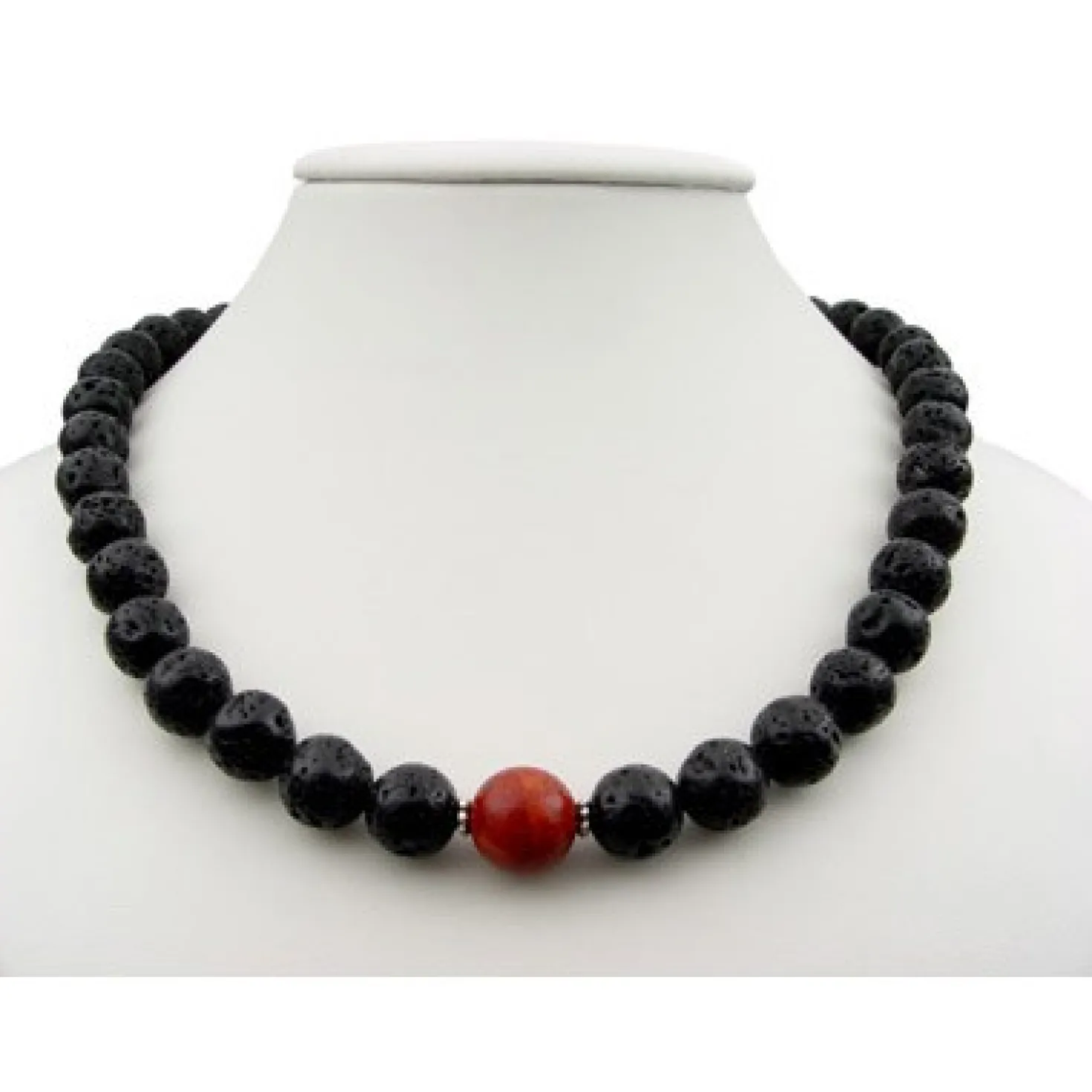 Kette Collier aus Lava & Schaumkoralle, schwarz-rot, 925 Silber