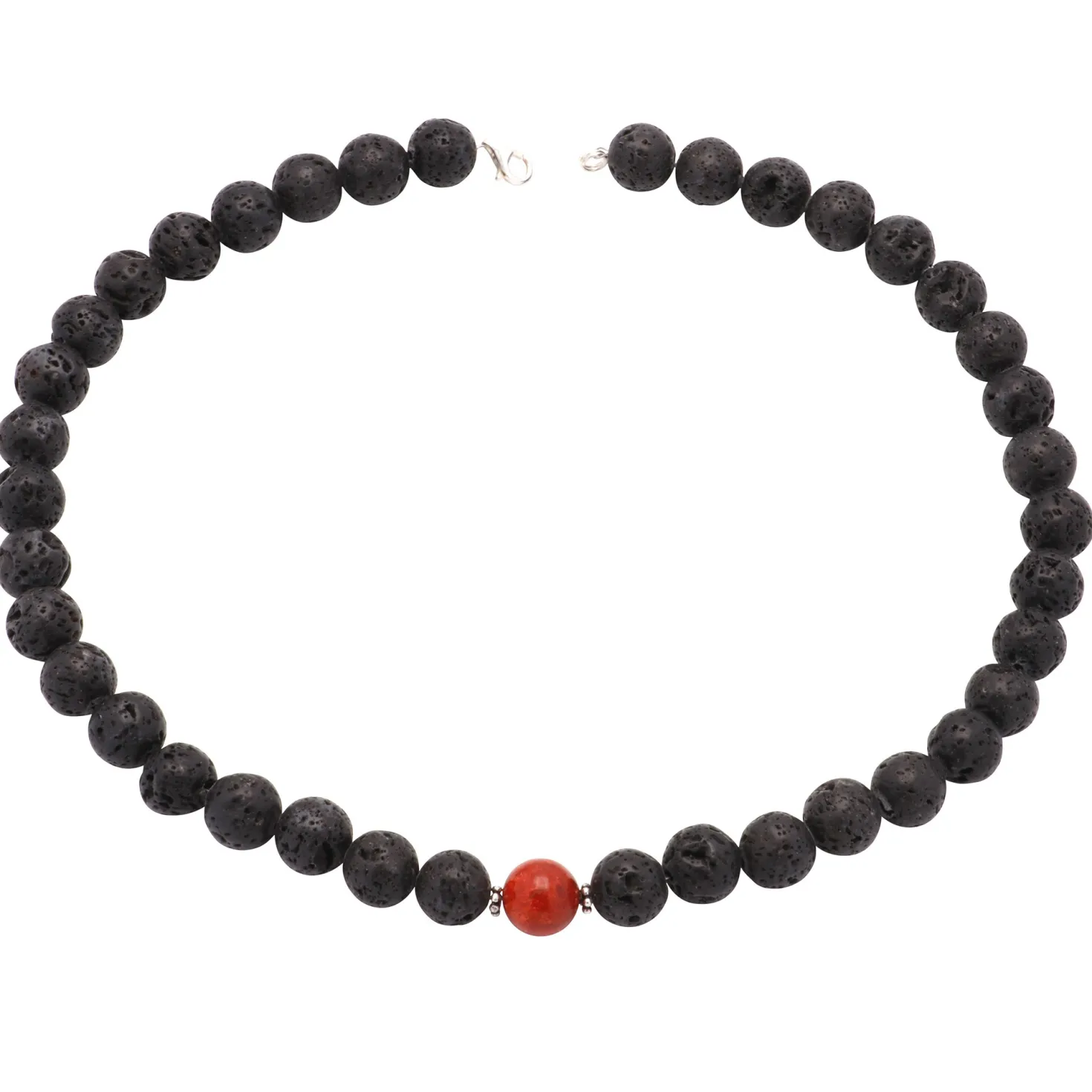 Kette Collier aus Lava & Schaumkoralle, schwarz-rot, 925 Silber
