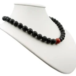 Kette Collier aus Lava & Schaumkoralle, schwarz-rot, 925 Silber