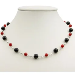 Kette Collier aus Onyx & Koralle, rot-schwarz, Halskette für Damen