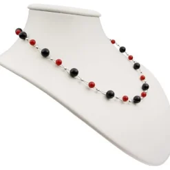 Kette Collier aus Onyx & Koralle, rot-schwarz, Halskette für Damen