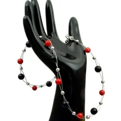 Kette Collier aus Onyx & Koralle, rot-schwarz, Halskette für Damen