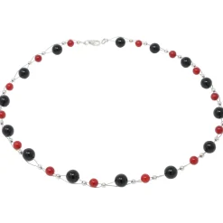 Kette Collier aus Onyx & Koralle, rot-schwarz, Halskette für Damen
