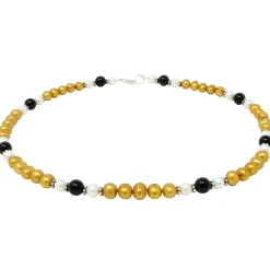Kette Collier aus Perlen Süßwasser-Zuchtperlen & Onyx gelb-schwarz-weiß 48cm