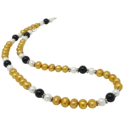 Kette Collier aus Perlen Süßwasser-Zuchtperlen & Onyx gelb-schwarz-weiß 48cm